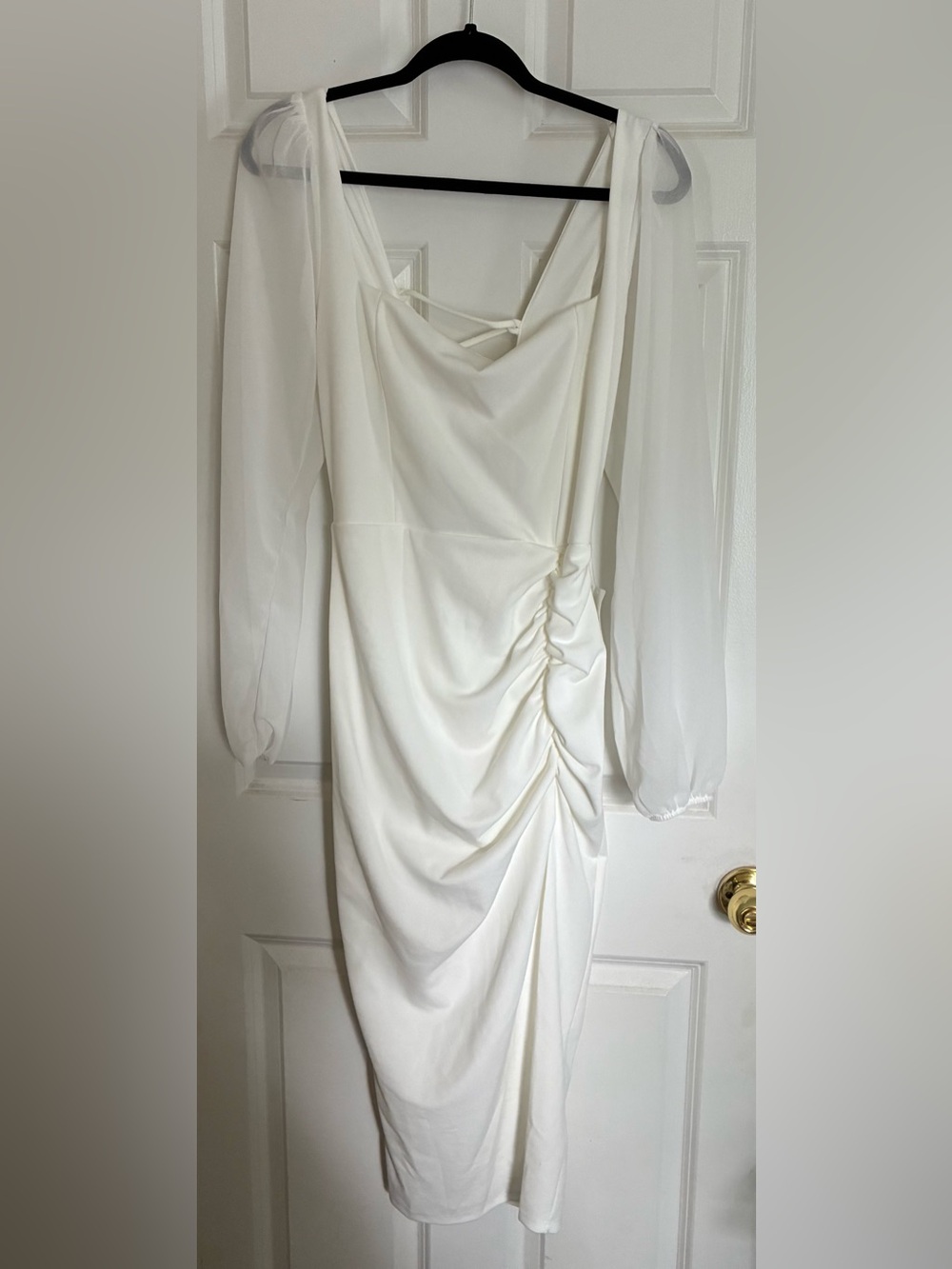 Windsor Cream Draped Midi Dress with Sheer Long Sleeves
